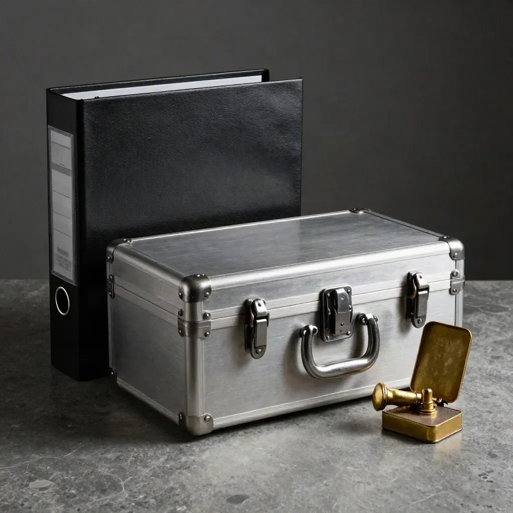Steel evidence box, black binder, and brass seal press on brushed stone.
