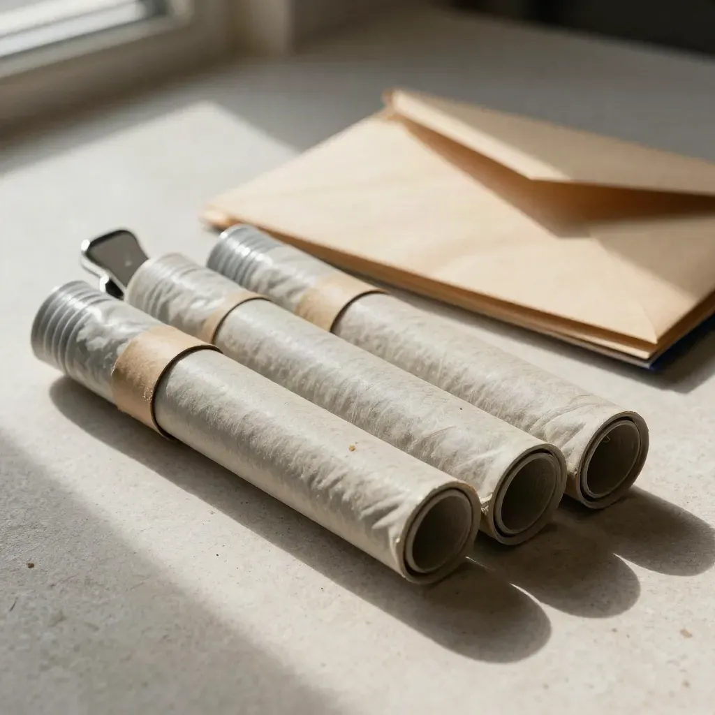 Rolled technical tubes and envelopes anchored by a metal clip on pale stone in warm side light.
