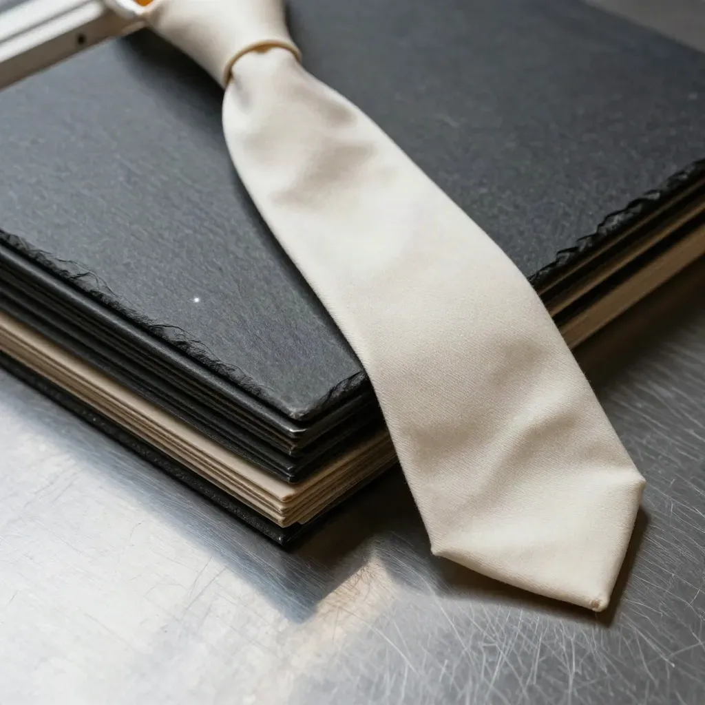 Dark archive sleeves, cotton tie, and clamp on brushed metal in a premium top-down close-up
