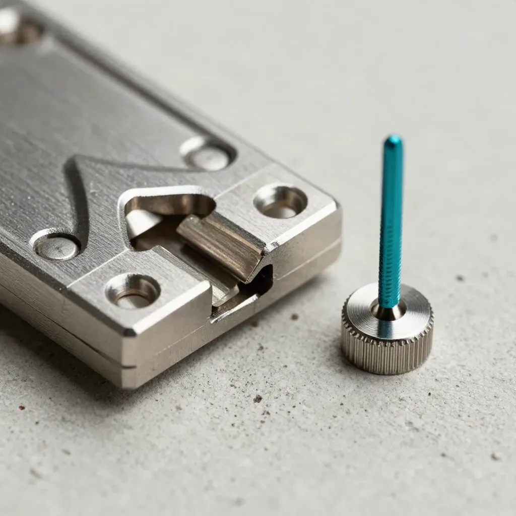 Macro of precision metal hinge parts, rivet plate and inspection gauge on pale concrete.