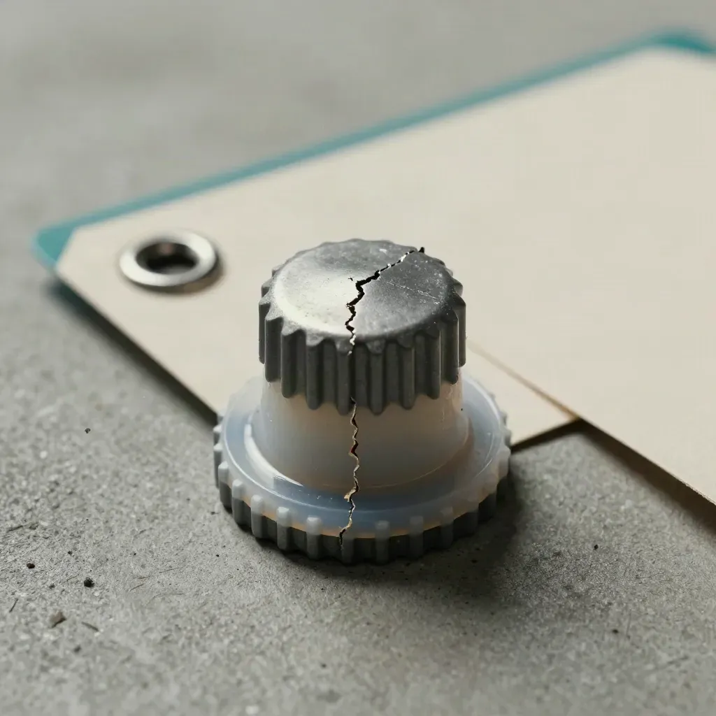 Macro of a crimped courier seal beside a steel eyelet and teal-edged archive tags on concrete.