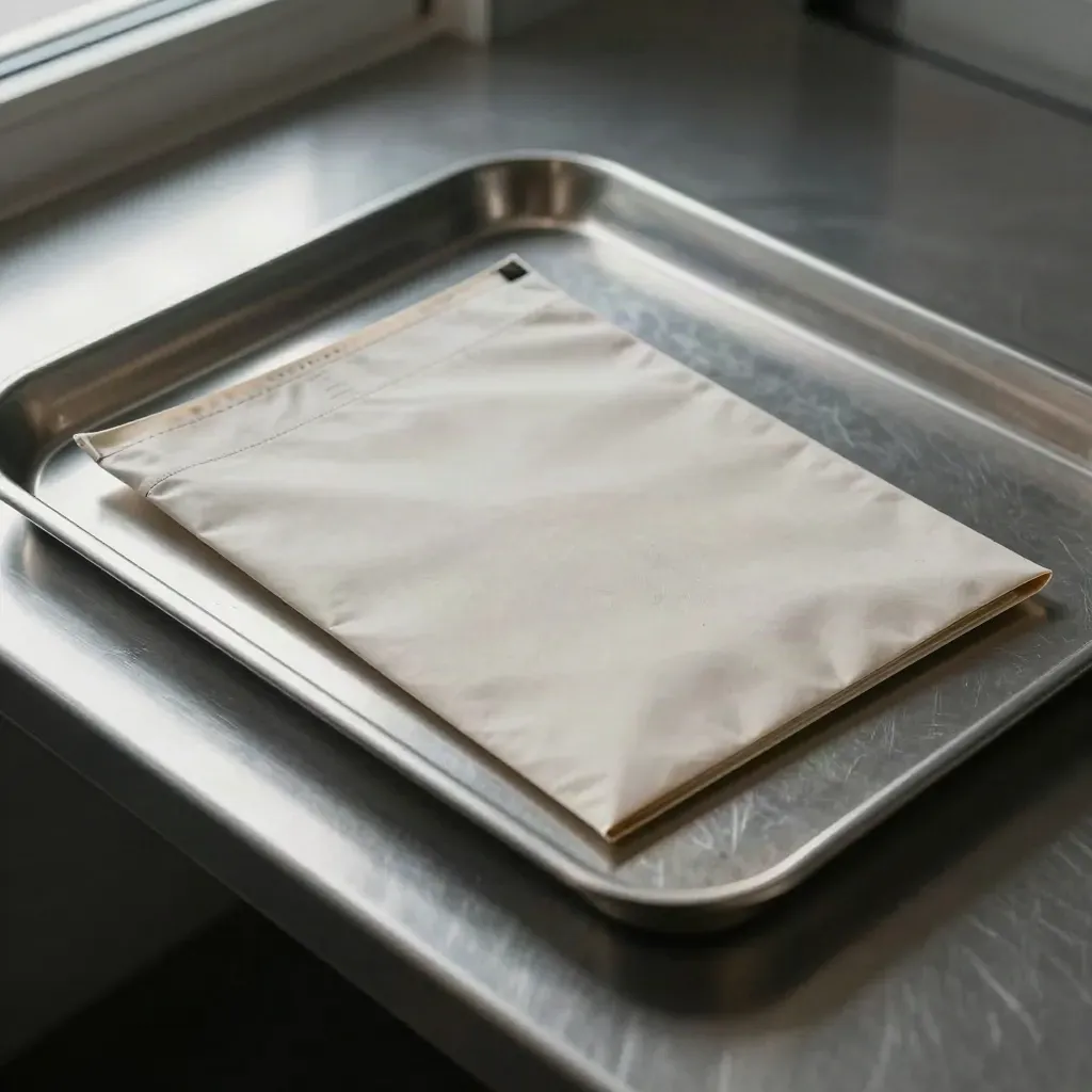 Sterile document pouch, stainless tray and seal strip on brushed metal under raking light.