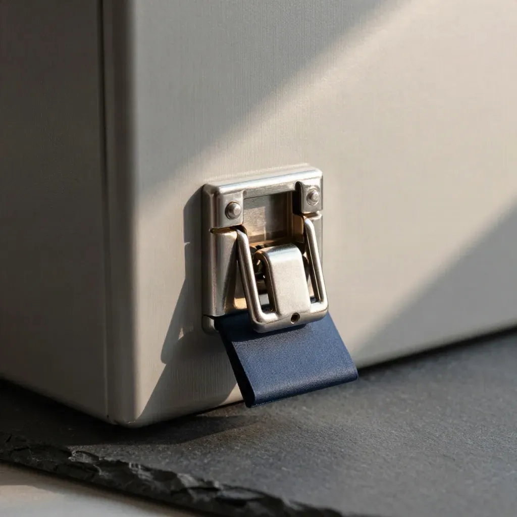 Locked file case latch with two steel clasps and navy sleeve on slate stone.