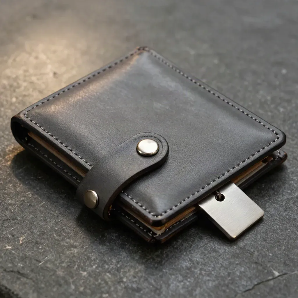 Leather archive wallet with metal tag and fasteners on dark stone