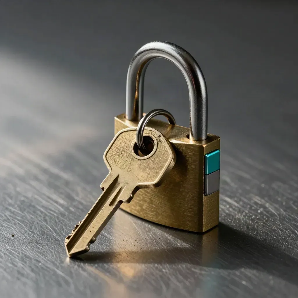 Brass key ring, padlock and security clip on brushed steel, side-lit with teal accent and dust.