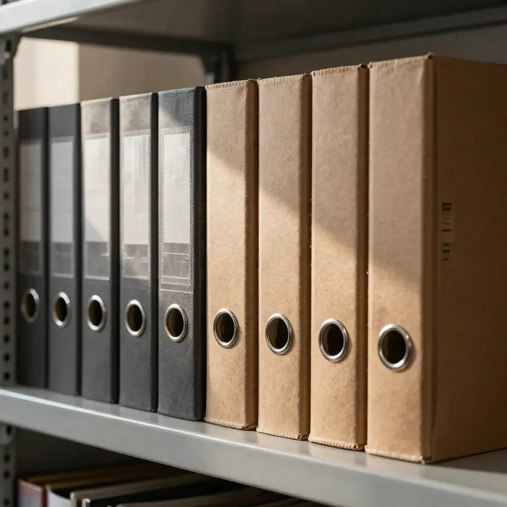 Archive boxes, binders and retention clips seen through a blurred folder edge.