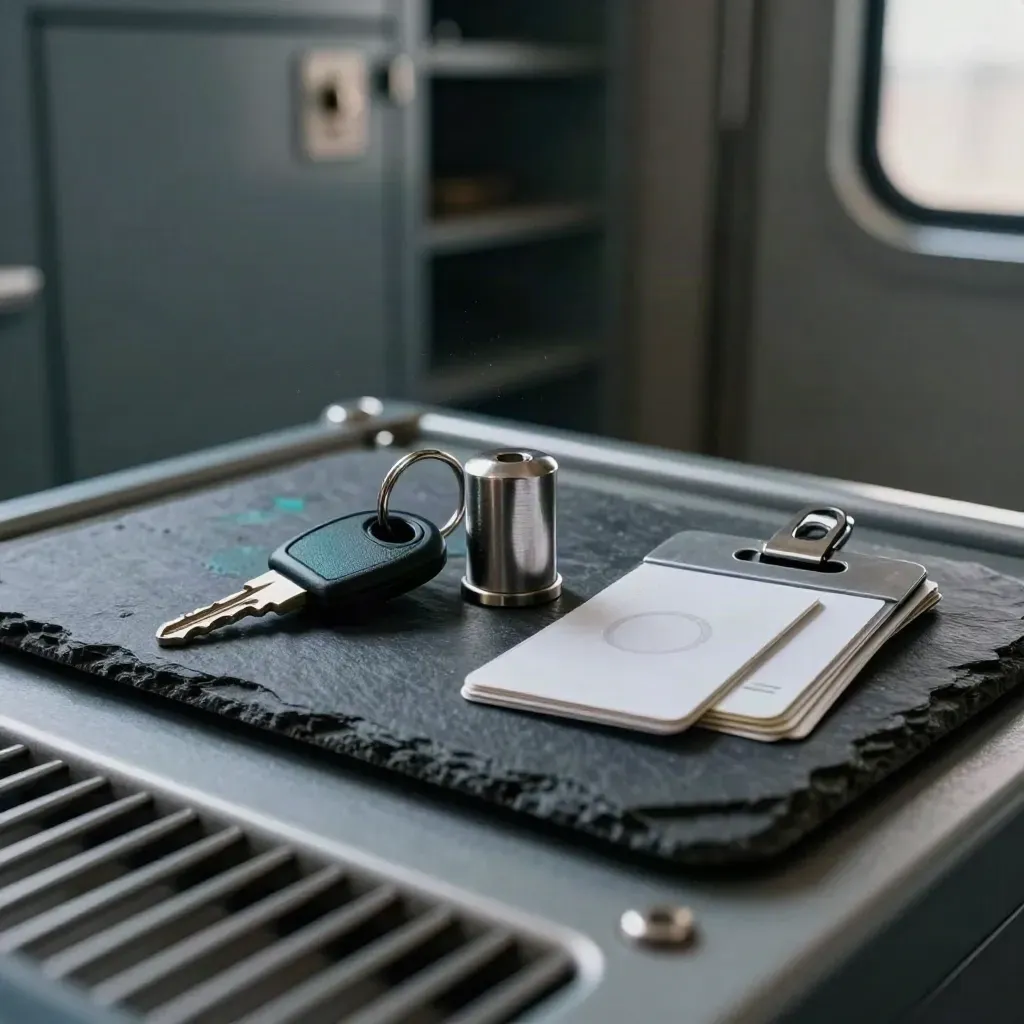 Lock cylinder, key fob, tamper-seal cards and badge clip on dark stone, seen through a blurred grille