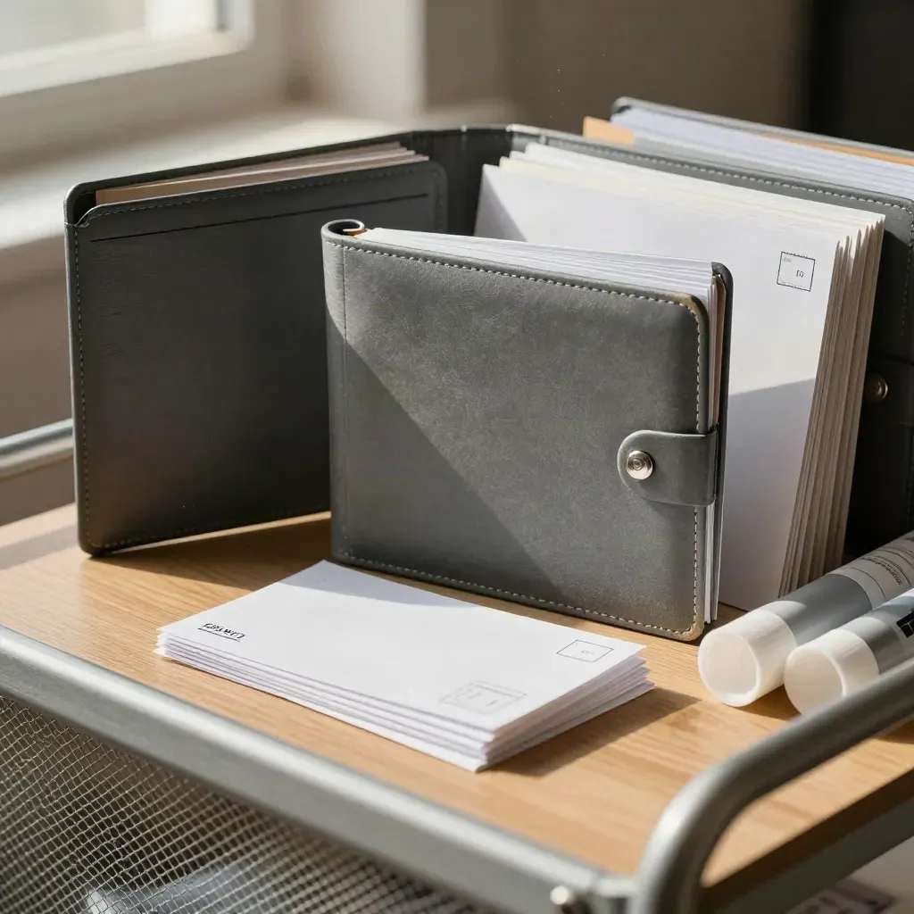 Clasp folders, courier seals and document tubes behind blurred mesh on a pale oak bench.
