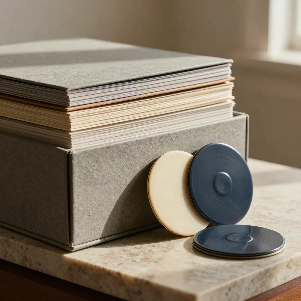 Archive boxes, a rotary file marker and seal discs on warm stone in soft raking light.