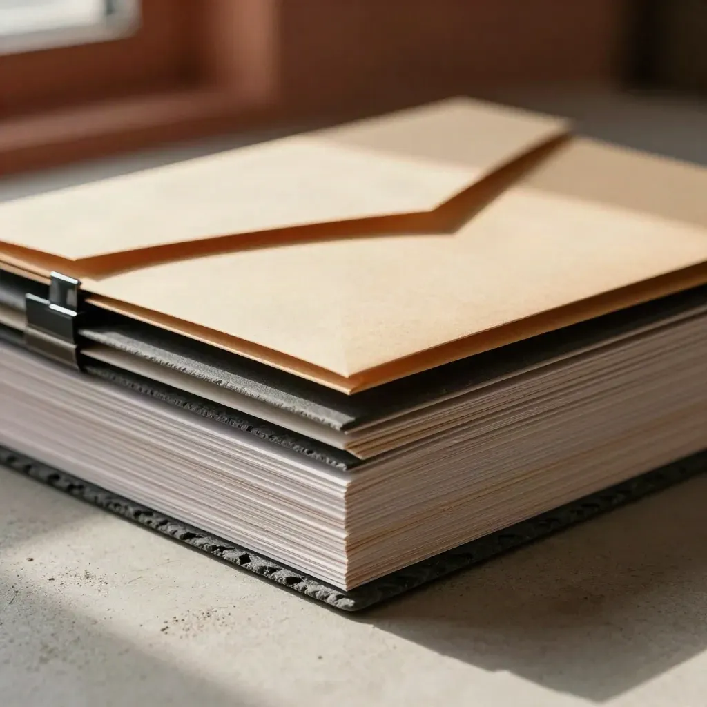 Close-up of tied bid folders and envelope sleeves on pale concrete, lit by warm directional light.