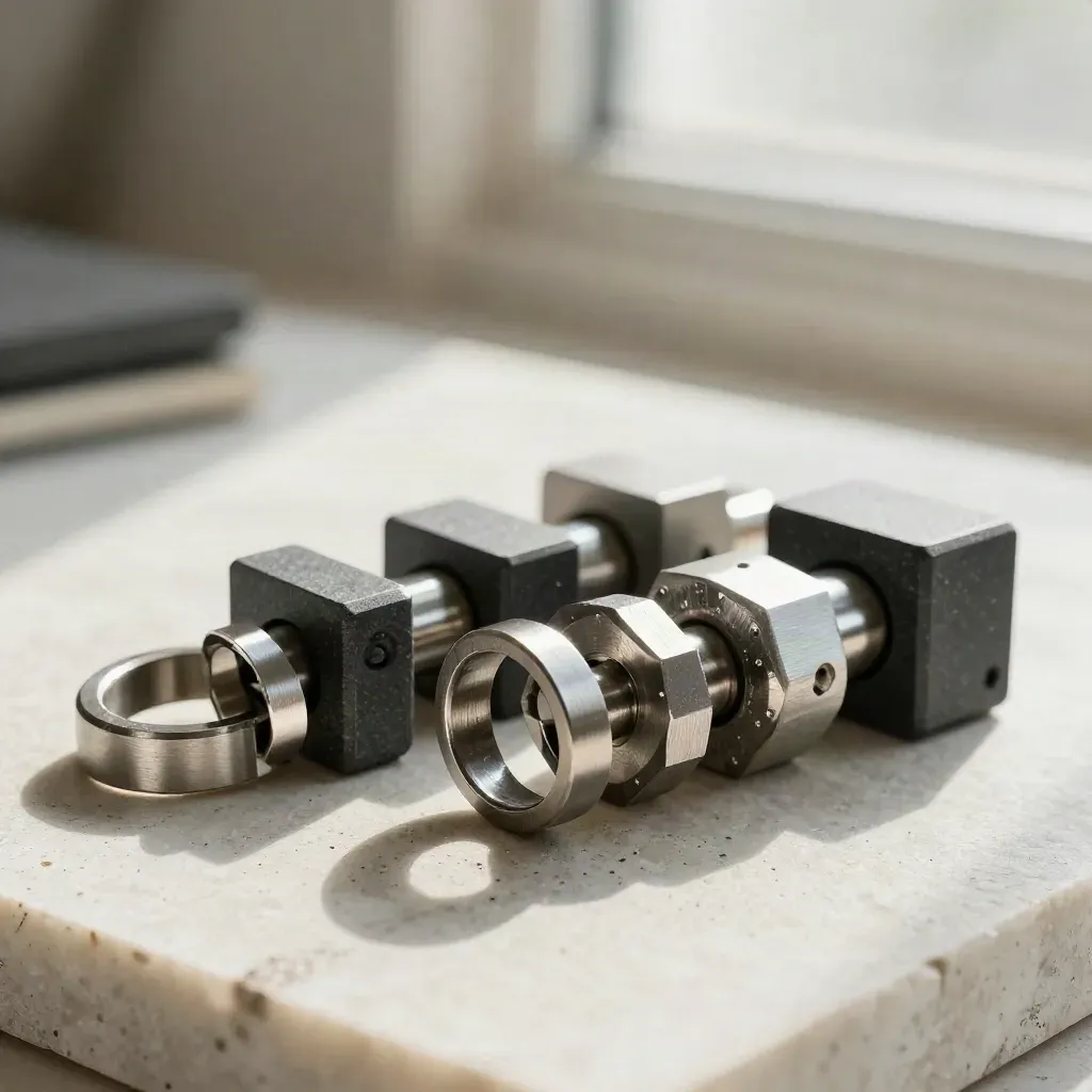 Precision metal connectors and rings bridging graphite blocks on matte stone.