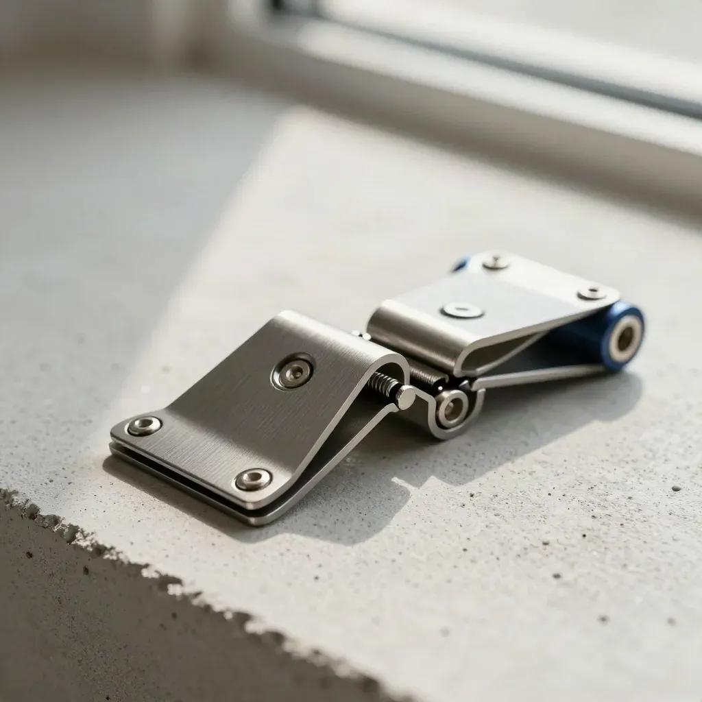 Precision brackets and connector clips folding together on pale concrete in soft side light.