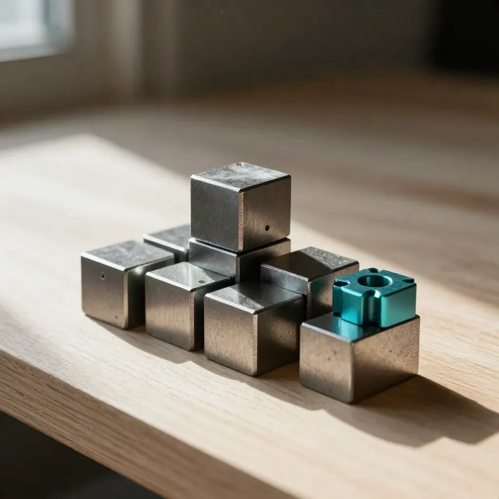Metal dovetail joints, modular cubes, and a coupling plate on pale wood in dramatic light.