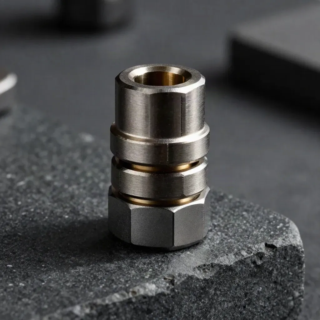 Macro of metallic data-link connectors locking together on dark stone, lit in cool slate tones.