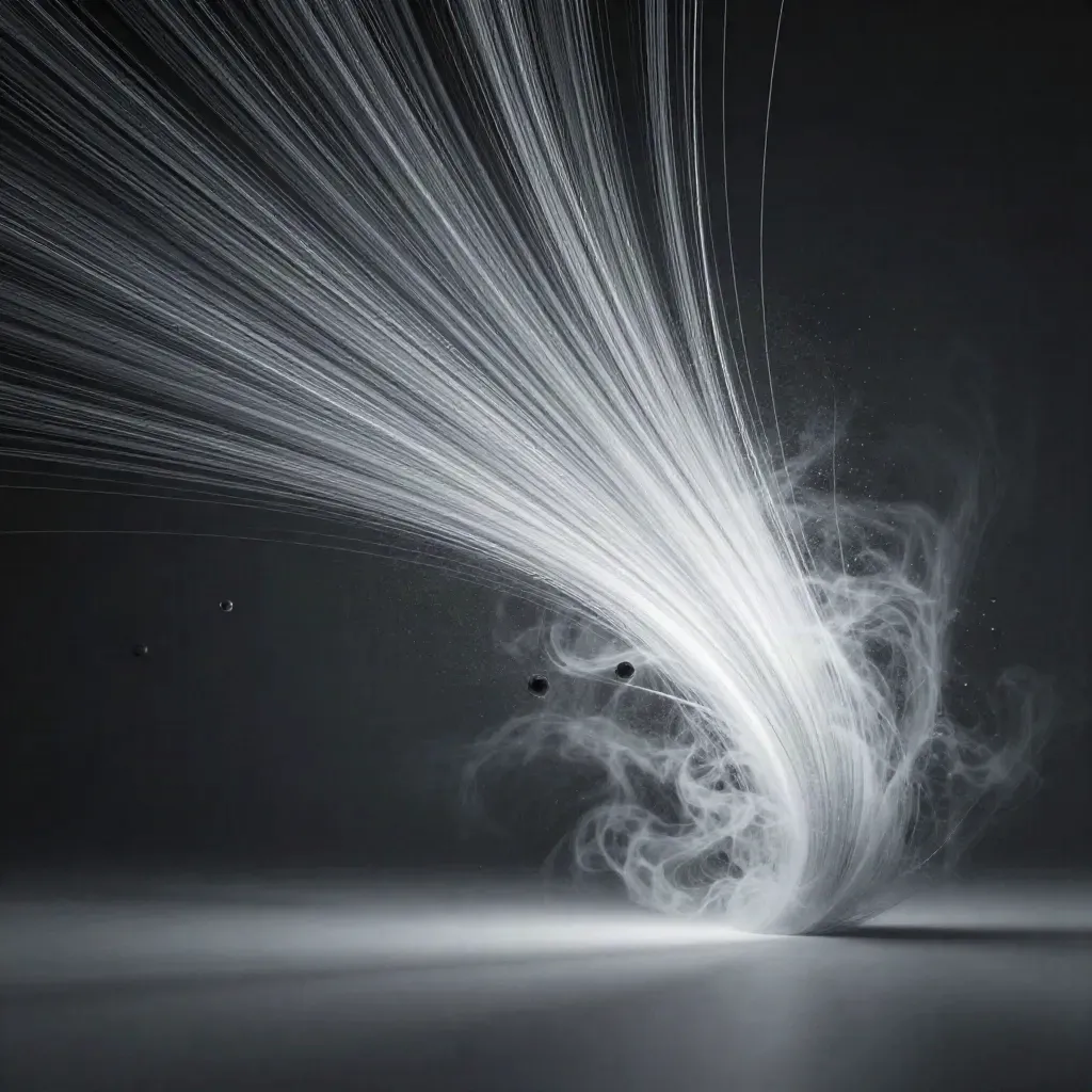 Silver filaments converge into a soft white bloom in dark graphite haze with empty space for copy.